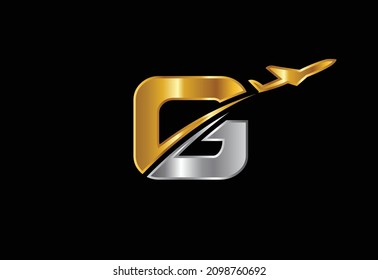 Initial letter G with airplane Logo Design. Airline, airplane, aviation, travel logo template.
