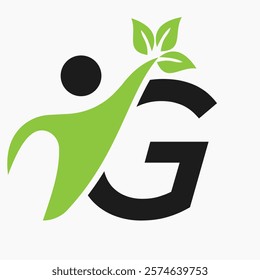 Initial Letter G Bio or Healthcare Logo Design Concept With Human And Green Leaf Symbol