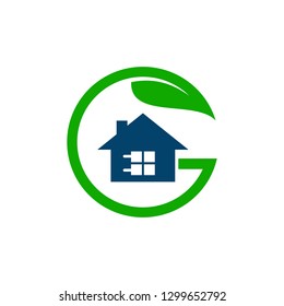 Initial letter G clean energy logo concept. Green house with leaf and power plug