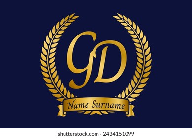 Initial letter G and D, GD monogram logo design with laurel wreath. Luxury golden emblem with calligraphy font.