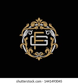 Initial letter G and F, GF, FG, decorative ornament emblem badge, overlapping monogram logo, elegant luxury silver gold color on black background