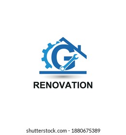 Initial letter G with gear, wrench and home icon for Home renovation, construction, repair and maintenance logo design concept vector