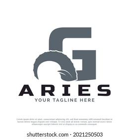 Initial Letter G with Goat Ram Sheep Horn for Aries Logo Design Inspiration. Animal Logo Element Template