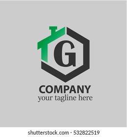 Initial letter G green black logo in the middle of vector home design icon with hexagonal shape, good logo for company, corporate, property, construction, real estate company/corporate