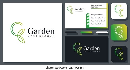 Initial Letter G Green Leaf Organic Nature Fresh Plant Natural Vector Logo Design with Business Card