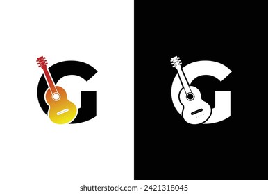 Letra inicial G con diseño de logotipo de guitarra. Empresa musical con plantilla de diseño de logotipo de guitarra de letras G para marca o empresa y otros.