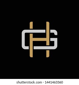 Initial letter G and H, GH, HG, overlapping interlock logo, monogram line art style, silver gold on black background