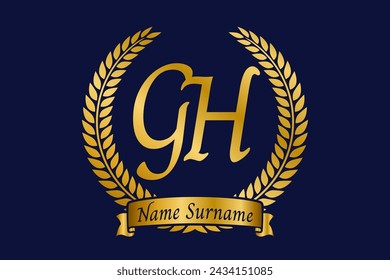 Initial letter G and H, GH monogram logo design with laurel wreath. Luxury golden emblem with calligraphy font.