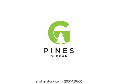 initial letter G with Hemlock, Evergreen, Pines, Spruce, Cedar trees logo design