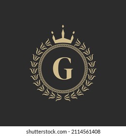 Initial Letter G Heraldic Royal Frame with Crown and Laurel Wreath. Simple Classic Emblem. Round Composition. Graphics Style. Art Elements for Logo Design Vector Illustration