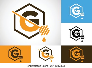 Letra inicial G con ilustración vectorial del logotipo de abejas melíferas. Símbolo del tipo de letra del logotipo de la miel