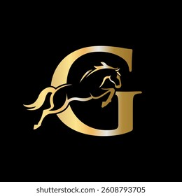 Initial Letter G Horse Logo Design Concept With Jumping Horse Symbol Vector Template 