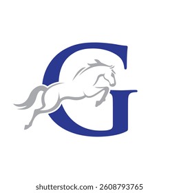 Initial Letter G Horse Logo Design Concept With Jumping Horse Symbol Vector Template 