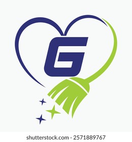 Initial Letter G House Clean Logo Concept With Cleaning Brush and Heart Symbol. Broom Sign