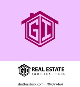 Initial Letter G, I, GI Logo, Hexagonal Shape fot Real Estate Comapny with Purple Orange