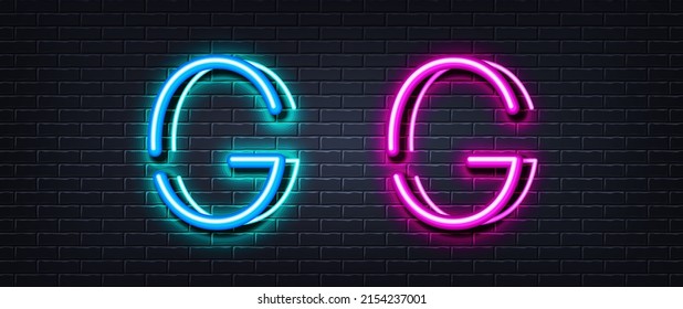 Initial letter G icon. Neon light line effect. Line typography character sign. Large first font letter. Glowing neon light element. Letter G glow 3d line. Brick wall banner. Vector