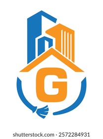 Initial Letter G Industrial Cleaning Logo Concept With Cleaning Brush and Building Symbol. Broom Sign