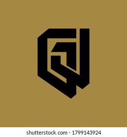 Initial letter G, J, GJ or JG overlapping, interlock, monogram logo, black color on gold background