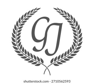 Initial letter G and J, GJ monogram logo design with laurel wreath. Luxury calligraphy font.
