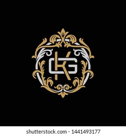 Initial letter G and K, GK, KG, decorative ornament emblem badge, overlapping monogram logo, elegant luxury silver gold color on black background