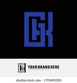Initial letter G, K, GK or KG overlapping, interlock, monogram logo, blue color on black background