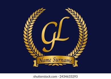 Initial letter G and L, GL monogram logo design with laurel wreath. Luxury golden emblem with calligraphy font.