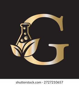 Initial letter G laboratory logo design combine with test tube and leaf symbol