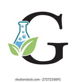 Diseño inicial del logotipo del laboratorio de la letra G combinado con el símbolo del tubo de ensayo y de la hoja