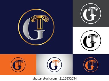 Initial letter G with law pillar logo design. Law office vector logo template