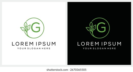 Diseño inicial del logotipo de la letra G, Vector gráfico de la moda y de la belleza de los cosméticos, concepto verde del icono de la hoja