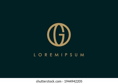 Initial Letter G Logo. Gold Circle Line Globe Icon with G Letter inside isolated on Green Background. Usable for Business and Branding Logos. Flat Vector Logo Design Template Element.