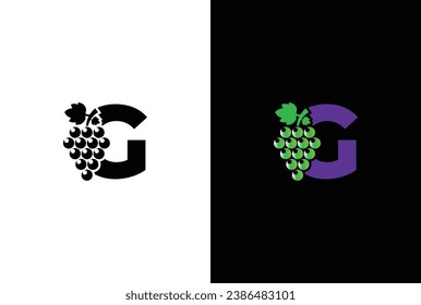 Initial letter G logo. Modern and simple letter G for the Grape symbol logo design with green leaves.