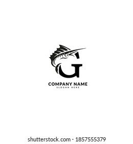 Letra inicial G logotipo. Concepto minimalista de logotipo de pescado, apto para la pesca, restaurante de mariscos, embalaje o viaje marítimo. Logo del vector de ilustración.