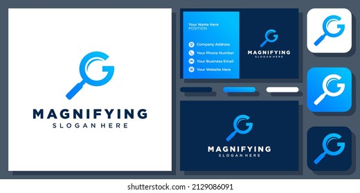 Initial Letter G Magnifying Glass Magnify Tool Magnifier Search Vector Logo Design with Business Card