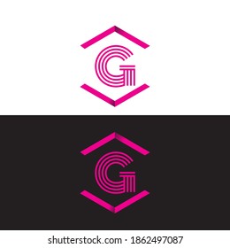 Letra inicial G, logotipo de hexágono de arte de línea minimalista, color rosa aislado en blanco y negro.