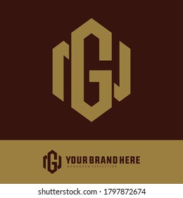 Initial letter G, N, GN or NG overlapping, interlock, monogram logo, gold color on brown background