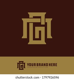 Initial letter G, N, GN or NG overlapping, interlock, monogram logo, gold color on brown background