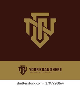 Initial letter G, N, GN or NG overlapping, interlock, monogram logo, gold color on brown background