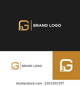 Initial Letter G and number two Linked Logo. Gray and Gold Geometric Style isolated on Double Background. Usable for Business and Branding Logos. Flat Vector Logo Design Template