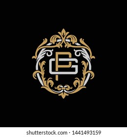 Initial letter G and P, GP, PG, decorative ornament emblem badge, overlapping monogram logo, elegant luxury silver gold color on black background