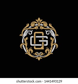 Initial letter G and Q, GQ, QG, decorative ornament emblem badge, overlapping monogram logo, elegant luxury silver gold color on black background