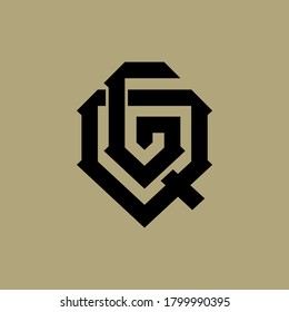 Letra inicial G, Q, GQ o QG solapadas, interbloqueo, logotipo monograma, color negro sobre fondo crema