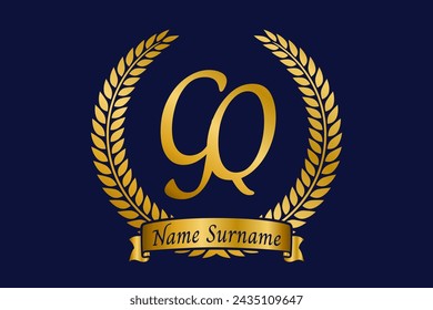 Initial letter G and Q, GQ monogram logo design with laurel wreath. Luxury golden emblem with calligraphy font.