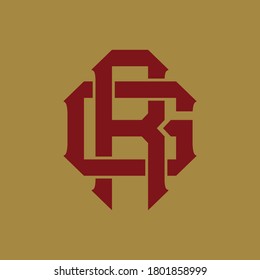 Initial letter G, R, GR or RG overlapping, interlock, monogram logo, red color on gold background