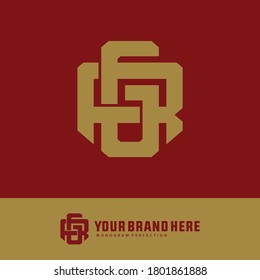 Initial letter G, R, GR or RG overlapping, interlock, monogram logo, gold color on red background