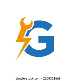 Initial Letter G Repair Wrench And Volt Power Logo Design For Repair, Electrical Sign Vector Template
