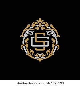 Initial letter G and S, GS, SG, decorative ornament emblem badge, overlapping monogram logo, elegant luxury silver gold color on black background