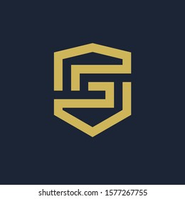 initial Letter G with Shield frame line art element. Shield Line geometry  for Security logo. Logo Icon Template for Web and Business Card, Letter Logo Template on Black Background. - vector