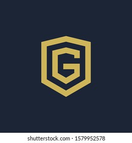 initial Letter G with Shield frame line art element. Shield Line geometry  for Security logo. Logo Icon Template for Web and Business Card, Letter Logo Template on Black Background. - vector