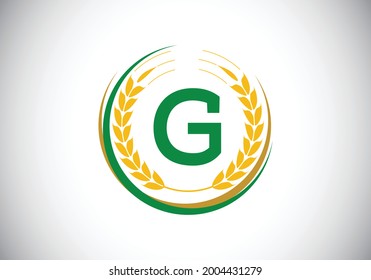 Initial letter G sign symbol with wheat ears wreath. Organic wheat farming logo design concept. Agriculture logo design vector template.